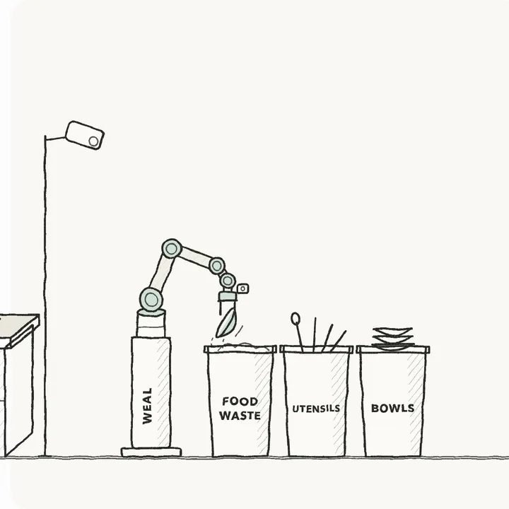Pencil sketch: the same robot arm at the tray return working alone, with no operator beside it.
