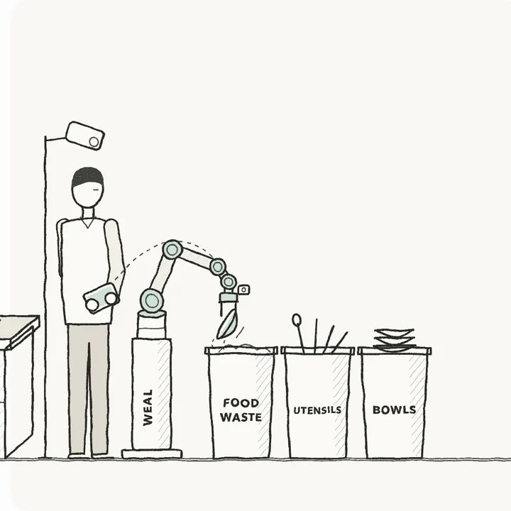 Pencil sketch: a Weal operator with a tablet stands beside the robot arm, watching and correcting it.