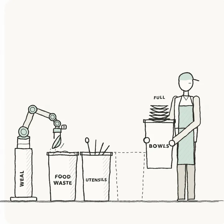 Pencil sketch: a cleaner carries away the full bowl bin from beside the fixed robot, leaving an empty slot for a fresh bin.
